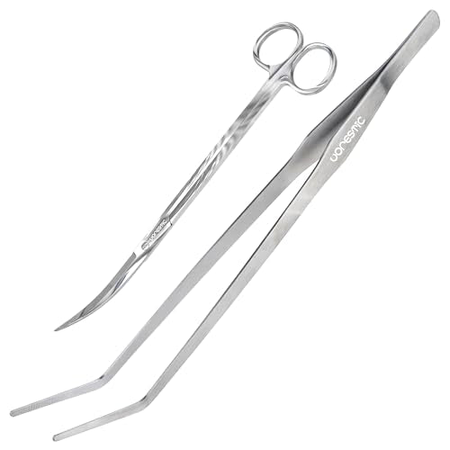 VORESTIC 2PCS 15" Curved Aquarium Tweezers Long and 9.8" Aquarium Scissors, Feeding Tongs and Scissors with Protective Cap, Stainless Steel Aquascaping Tools for Plant Trimming and Reptile Feeding