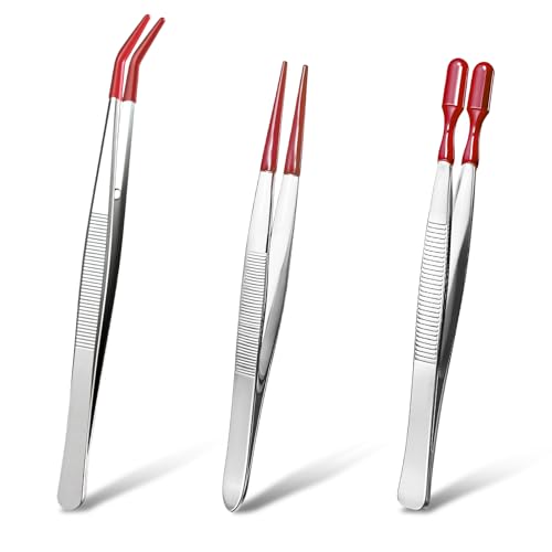 3 PCS Tweezers with Rubber Tips - Long Tweezers for Crafts Stainless Steel Bent Flat and Pointed Precision Tweezer for Stamps Coins Jewelry Crafts Industrial Electronic Lab