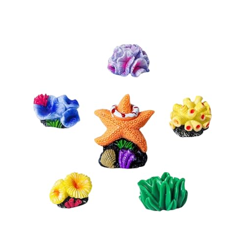 6 Pcs Mini Fish Tank Landscaping, 1.2''Lx0.9''Wx0.7''H Aquarium Decorations, Aquatic Grass Starfish Fish Shrimp Set Package, Micro Landscape