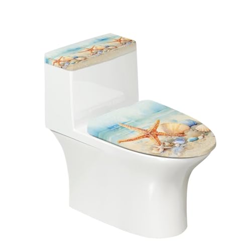 Toilet Lid Cover and Toilet Tank Lid Cover 2 Pieces, with Elastic Edge Bathroom Accessories Decorations Fit for Most Round Elongated and Oblong Lids, Starfish Seashell Painting - color: Starfish Seashell Painting
