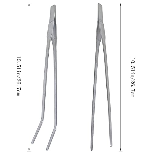 2 Pcs Feeding Tongs, Aquarium Tweezers Stainless Steel Straight and Curved Tweezers Set 27cm/10.6 inches Aquascaping Tools for Hold Worms, Reptiles, Lizards, Bearded Dragon (Silver)