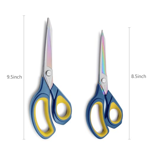 LIVINGO 2 Pack Sharp Fabric Scissors - Heavy Duty Scissors All Purpose, Titanium Coated Forged Sewing Shears for Tailor Dressmaking Crafting Cutting Clothes Leather, 8.5" & 9.5", Blue & Yellow - color: Blue & Yellow