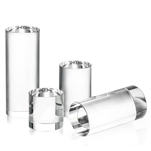 ZEERSHEE 4-Pack Clear Glass Cylinder Display Risers Crystal Blocks Display Stand for Collectibles Art Craft Transparent Solid Bases for Jewelry Cosmetic Crafts Closet Show(4''/3.2''/2.4''/1.6'')