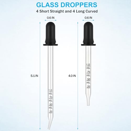 Herain 8 Pack Glass Pipette Eye Dropper, 4 Long Bent & 4 Short Straight Tips, 1 ml Ear Droppers for Essential Oils, Lab, Crafts, Measuring and Transferring a Variety of Liquids - style: Large Rubber Bulb-8pcs-Long Bent Short Straight