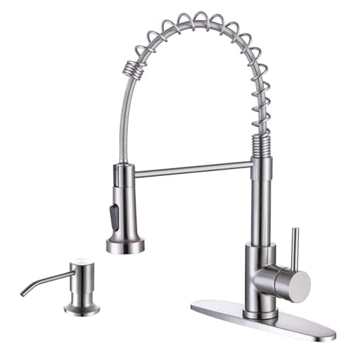 WEWE Kitchen Sink Faucet with Soap Dispenser, Kitchen Faucet with Pull Down Sprayer Stainless Steel Single Handle High Arc Pull Out Brushed Nickel Faucet for Bar Laundry RV Utility Sink - color: Brushed Nickel, style: Vintage