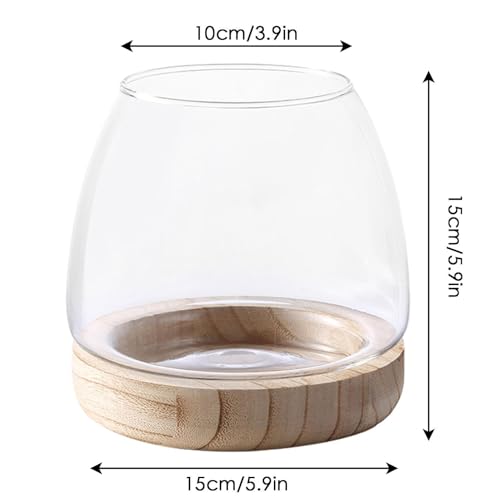 Glass Fish Bowl with Wooden Base - Clear Aquarium for Betta/Goldfish, Hydroponic Plant Vase Art Deco, Home Decor - size: 15cm