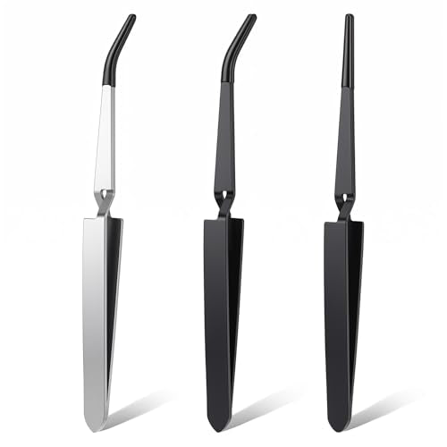 3 Pack Reverse Tweezers, ESD Safe Stainless Steel with Rubber Tips | cross-locking mechanism, straight & bent tip set, non-slip rubber tips, ideal for electronics repair, jewelry making, crafts