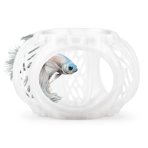 Betta Lair | Swim Through Aquarium Cave & Hideaway – Fish Tank Decoration with Shrimp Feeding Dish for Betta, Shrimp & Small Fish (Clear White, Regular) - color: Clear White, size: Regular