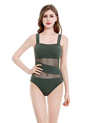 Women's Mesh Swimsuits One Piece Cutout Bathing Suits Backless Hollow Out Swimwear Sexy See Through High Cut Monokini - color: Army Green, size: 4