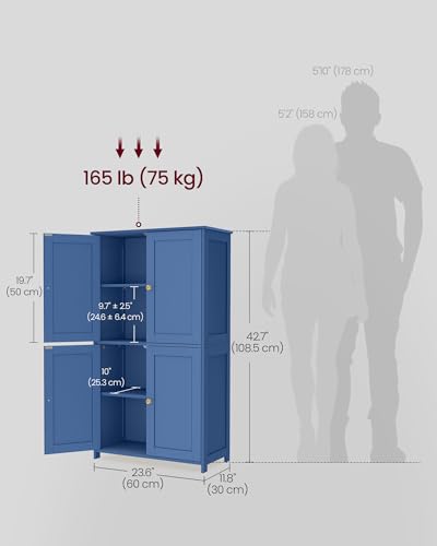 VASAGLE Floor Storage Cabinet, Shaker Cabinet with 2 Adjustable Shelves, 4 Doors, Tall Freestanding Organizer Unit, for Kitchen Bathroom Living Room, Bijou Blue UBBC553QE01S - color: Bijou Blue, style: 4 Doors（42.7"）