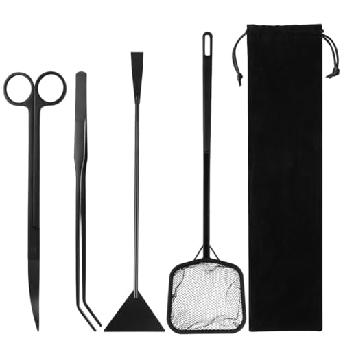 Aquascaping Tool Set for Aquarium Care, Includes Curved Scissors, Tweezers, Spatula & Fish Net, Perfect for Small Aquariums and Plant Maintenance