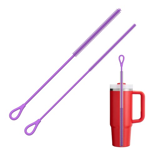 YOTIME Silicone Straw Cleaner Brush, 2Pcs Reusable Straw Brush Extra Long for Cleaning Tumbler with Handle and Glass Metal Smoothie Straws, Non-slip Handle Soft and Bendable, 6mm+9mm, Purple - color: Purple