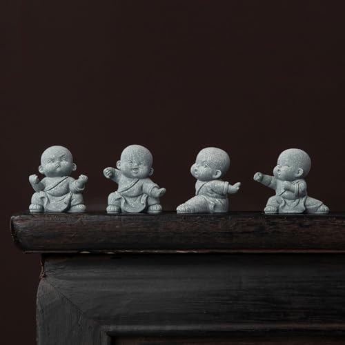 4 PCS Cute Kung Fu Zen Monk Praying Statue, Mini Sandstone Buddha Statues, Stone Monk Figurine Zen Decor for Desktop Decor, Home Feng Shui, Zen Garden, Fish Tank, 4Pcs Grey
