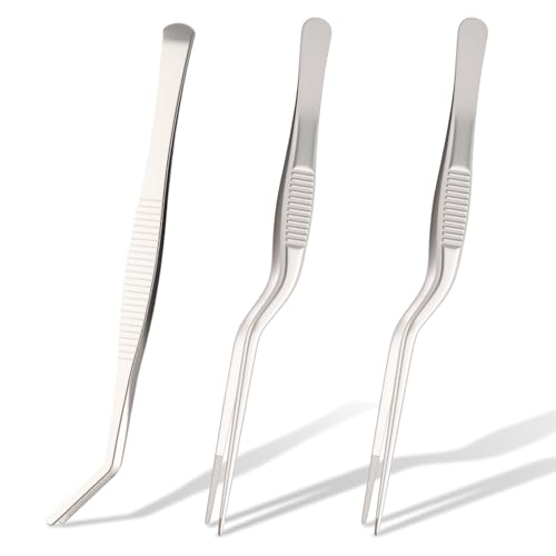 3-Pack Stainless Steel Tweezers - 6.3‘’ Curved Serrated Tip Precision Tongs for Gardening, Kitchen, Food Design, Decorating & Crafts - Multi-Purpose Tool for Bar, Lab, DIY & Professional Use