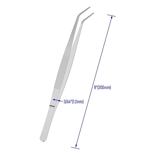 8 Inch Stainless Steel Tweezers with Curved Pointed Serrated Tip, Perfectly Aligned, 3/64 Inch Thickness Stainless Steel, Multipurpose Daily Garden Home Lab Craft Repairing Tool