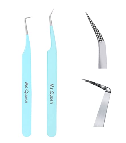 Ms.Queen Eyelash Tweezers for Extensions, 2Pcs Fiber Tip Grip 45 and 90 Degree Mega Volume Tweezers Set for Lash Extensions-Blue - style: 2Pcs Tweezers Set C