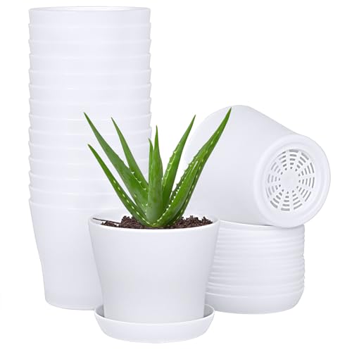 JERIA 16-Pack 4" Plastic Flower Plant Pots Thickened Seedlings Nursery Pots, Flower Plant Container Seed Starting Pots with Pallet (White) - color: White