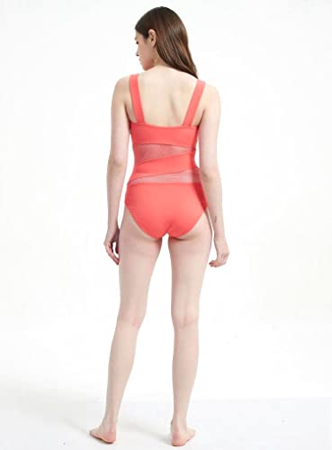 Women's Mesh Swimsuits One Piece Cutout Bathing Suits Backless Hollow Out Swimwear Sexy See Through High Cut Monokini - color: Watermelon, size: 4