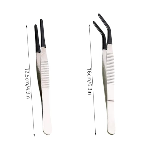2 Pieces Tweezers with Rubber PVc Coated Set, Straight flat Tip Long Bent Tweezers for Crafts Stamps Beads JewelrTools(Black)