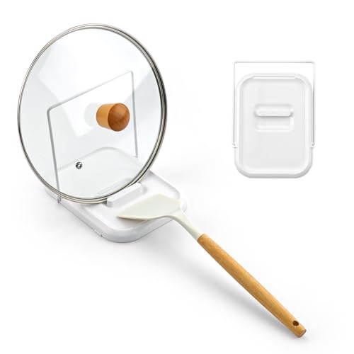 Pot Lid Holder with Spoon Rest for Stove Top, Foldable Kitchen Pot Lid Organizer for Countertop, Lid Holder While Cooking with Non-Slip Pads, White