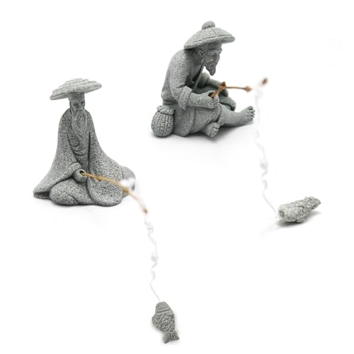 2PCS Mini Sitting Fishing Figurines Sandstone Vintage Ornament Japanese Decor for Fish Tank Pot Garden Home Aquarium Mini Fisherman Statue Asian Zen Decorations - size: Small Size