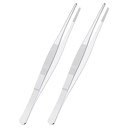 2 PCS 5 Inch Stainless Steel Tweezers, with Straight Round Blunt Serrated Tip, 3/64 Inch Thickness Stainless Steel, Multipurpose Daily Garden Home Lab Craft Repairing Tool - size: 5"L(3/64"T)