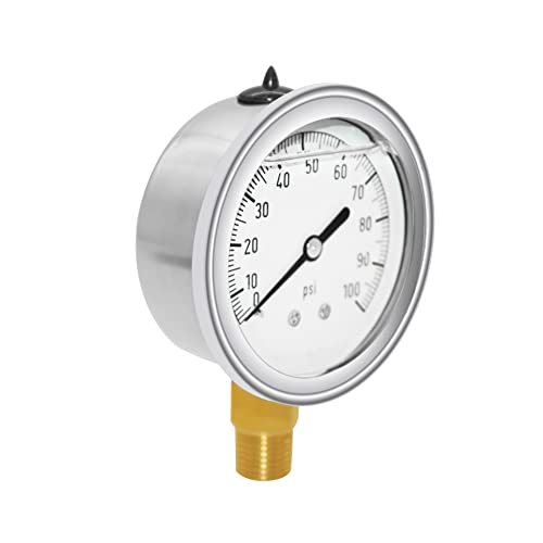Joywayus Pressure Gauge 0-100 PSI Brass 1/4" NPT Male Thread Lower Mount, Glycerin Filled, Stainless Steel Case, Multiple Function - size: 0-100PSI--1/4", style: Glycerin Filled