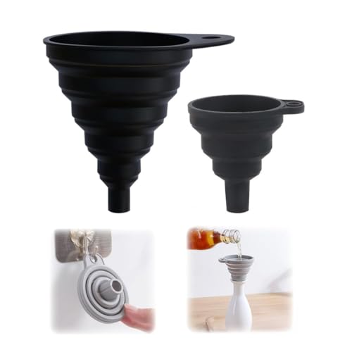 Silicone Collapsible Funnel for Kitchen Use,2Pack - Small and Large, Food Grade Foldable Funnel Set for Powder, Liquid Transfer, Oil Change, Cooking, Water, Juice, Drink & Filling Bottles, Black - color: Black, 2Pack