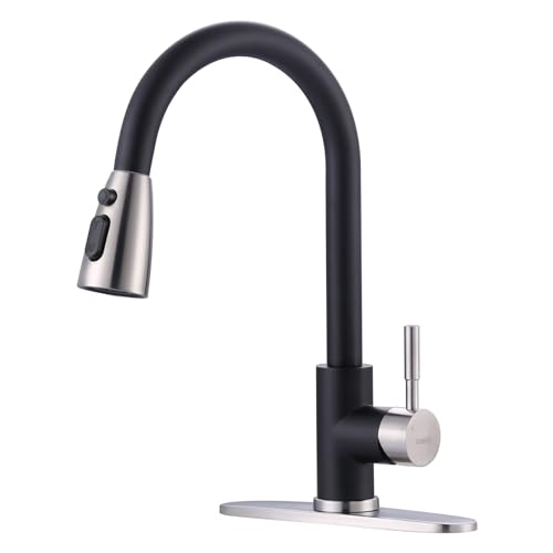 WOWOW Kitchen Faucets for Sink 1 or 3 Hole, High Arc Stainless Steel Kitchen Sink Faucet with Sprayer, Brushed Nickel and Black Faucet for Kitchen RV Laundry Sinks - color: Black & Brushed Nickel, style: Kitchen Faucet