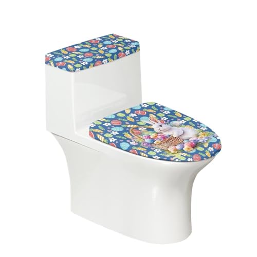 Easter Toilet Lid Seat Cover Set of 2, Egg Rabbit Carrot Bathroom Toilet Lid Cover and Toilet Tank Lid Cover, Stretch Polyster Fabric Toilet Cover Protector, Fits Most Toilet Tanks and Lids - color: Easter Egg Rabbit Carrot
