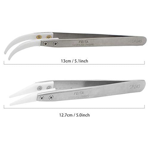 Ceramic Tweezer Set - FEITA Ceramic Precision Tweezers for Electronic Repair, DIY Hobbies - NO MORE BROKEN TIPS! (2-Pcs) - color: Silver - 2pcs