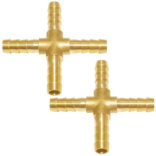 Uenede 2PCS Solid Brass 1/4"OD Barb Fittings 4-Way Union Intersection Hose Pipe Barb Fitting for Water/Oil/Gas - size: 1/4" Barb, style: Cross (4 Way)