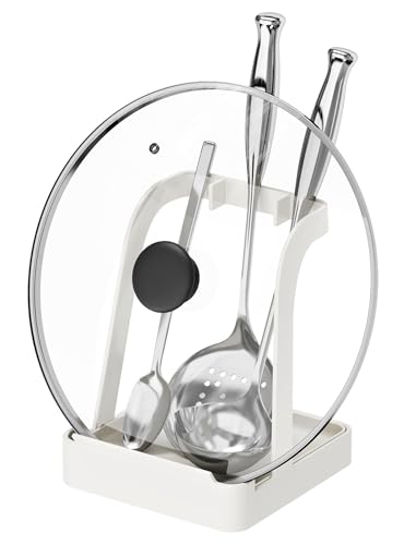 NiHome Big Pot Lid Holder and Spoon Rest with Removable Drip Tray – Black Iron Kitchen Counter Organizer for Cooking Utensils, Ladles, Spatulas, Cutting Boards & Cookware - color: Large White, size: no diatomite