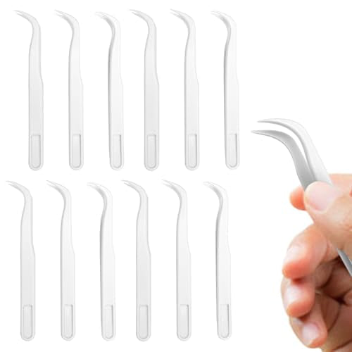 12 Pack Plastic Long Bent Tweezers, 4.5 Inch, For Crafting, Jewelry Making, Baking, Reptile Feeding (white) - color: White