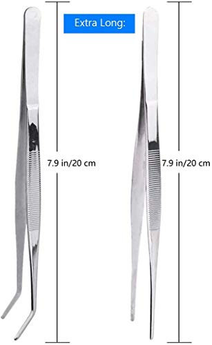 Long Handle Stainless Steel Straight and Curved Tweezers Nippers,Silver,2 pieces