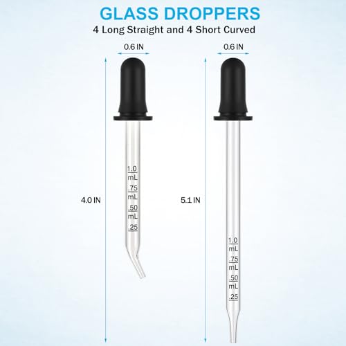 Herain 8 Pack Glass Pipette Eye Dropper, 4 Short Bent & 4 Long Straight Tips, 1 ml Ear Droppers for Essential Oils, Lab, Crafts, Measuring and Transferring a Variety of Liquids - style: Large Rubber Bulb-8pcs-Short Bent Long Straight