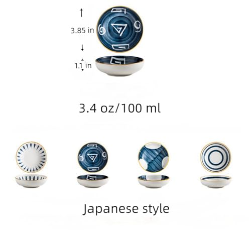 4 Pack 3 oz Cute Japanese Soy Sauce Dish Small Dipping Sauce Bowls Ceramic Sushi Dipping Bowls for Sushi,Side Dish,Ketchup,Dips,Condiment,Snack,BBQ Party - color: Japanese Blue