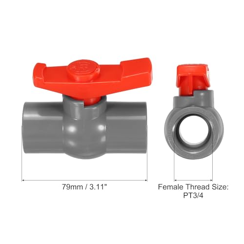 PATIKIL PT3/4 PVC Ball Valve, 2 Pack Threaded Shut-off Valve with Easy to Rotate Handle for Water Flow Control, Gray/Red
