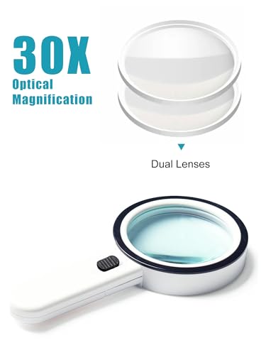 Magnifying Glass with Light - 30X Handheld Magnifying Glasses, 13LED Light, Illuminated Reading Magnifier for Seniors, Lighted Magnifier with UV Inspection