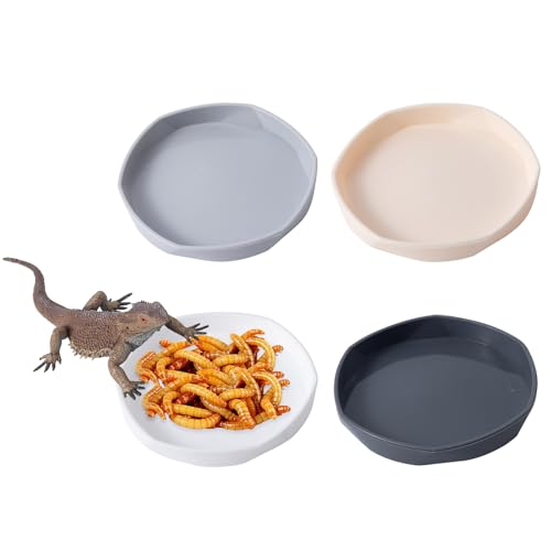 COMSUN 4 Pack Small Reptile Food Dish Bowl, Plastic Worm Water Dish Plate for Lizard Gecko Bearded Dragon Chameleon 4" W x 4" D x 0.5" H, White and Grey - color: White and Grey