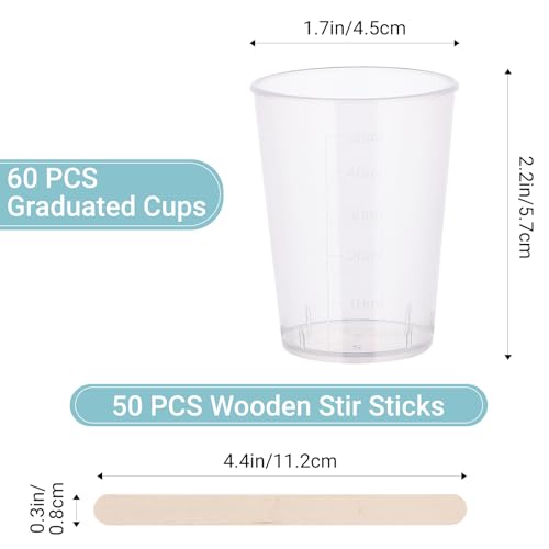 Gartful Resin Mixing Cups and Sticks, 110 Packs Epoxy Measuring Cups Kit - 60PCS 100ml Disposable Graduated Cups, 50PCS Wooden Stir Sticks for Mixing Paint, Stain, Epoxy, Resin - color: Clear cups+wooden stick, size: 50ml
