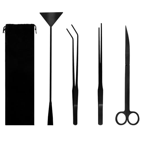 Aquarium Aquascaping Tool Stainless Steel Aquascape Tools Kit 4 in 1 Anti-Rust Fish Tank Starter Kit with Tweezers Scissors Spatula for Aquarium Plants (Black)