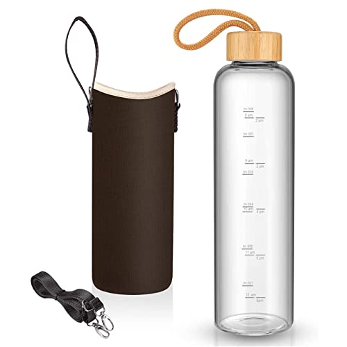 Sursip 32 oz Glass Water Bottle - Nylon Bottle Protection Sleeves, Bamboo Lid, And 1L Time Marked Measurements, Reusable, Eco-Friendly, Safe for Hot Liquids Tea Coffee Daily - color: Small-Coffee-Bamboo