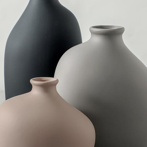 Ceramic Vase Set of 3, Small Modern Rustic Pottery Vases for Home Decor,Farmhouse Flower Vase for Pampas Grass, Dried or Fresh Flowers, Decorative Vases for Living Room, Bedroom, Bookshelf, or Table. - color: 9099-1