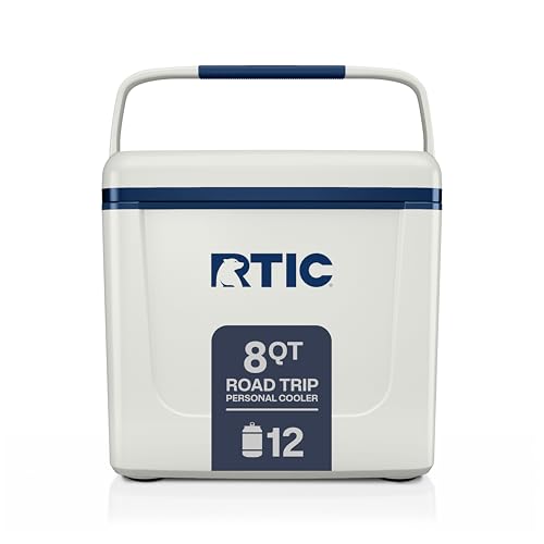 RTIC 8 QT Road Trip Personal Cooler, Small, Compact, Insulated, Portable Ice Chest Box for Food, Drink, Beverage, Beach, Camping, Picnic, Fishing, Boat, 12-Can Capacity - color: Cool Grey & Navy