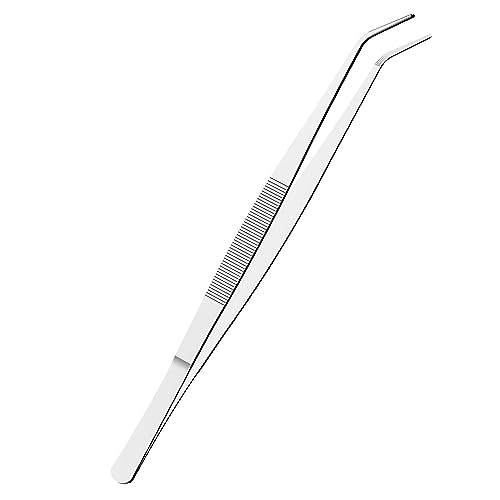 8 Inch Stainless Steel Tweezers with Curved Pointed Serrated Tip, Perfectly Aligned, 3/64 Inch Thickness Stainless Steel, Multipurpose Daily Garden Home Lab Craft Repairing Tool