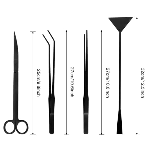 Aquarium Aquascaping Tool Stainless Steel Aquascape Tools Kit 4 in 1 Anti-Rust Fish Tank Starter Kit with Tweezers Scissors Spatula for Aquarium Plants (Black)