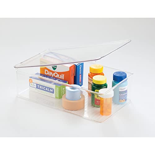 mDesign Stackable Plastic Bathroom Storage Box, Hinge Lid, Container for Organizing Soap, Body Wash, Shampoo, Conditioner, Hand Towels, Hair Accessories - Lumiere Collection, Clear