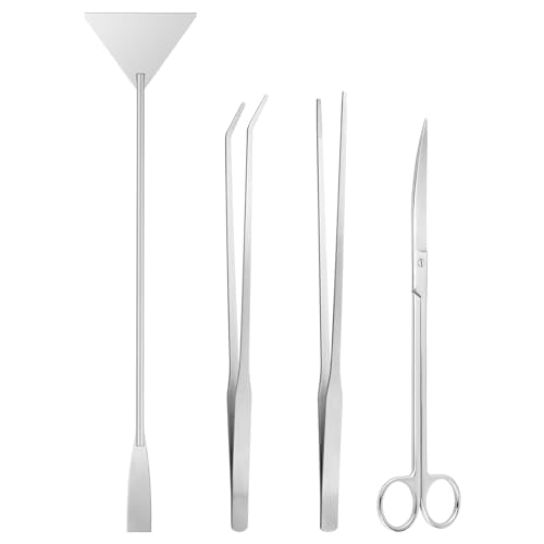 Ohtomber Aquascape Tools Aquarium Kit - 4PCS Terrarium Supplies Include Long Tweezers for Terrarium, Feeding Tongs, Aquarium Scissors, Algae Scraper for Fish Tank Cleaning Plant Trimming