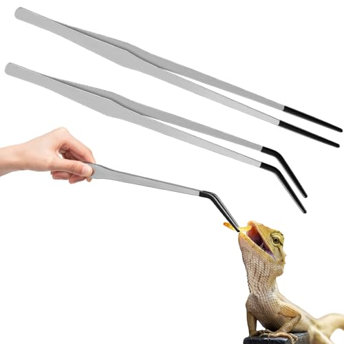 Lasnten 2 Pcs Extra Long Stainless Steel Reptile Feeding Tongs with Rubber Tip 15 Inch Bearded Dragon Aquarium Straight and Curved Long Tweezer Terrarium Feeder Tool for Tank(Silver) - color: Silver, size: 15 Inch